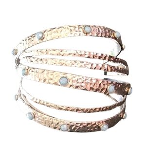 Hammered Silvertone Bangle Bracelets with Blue Accents